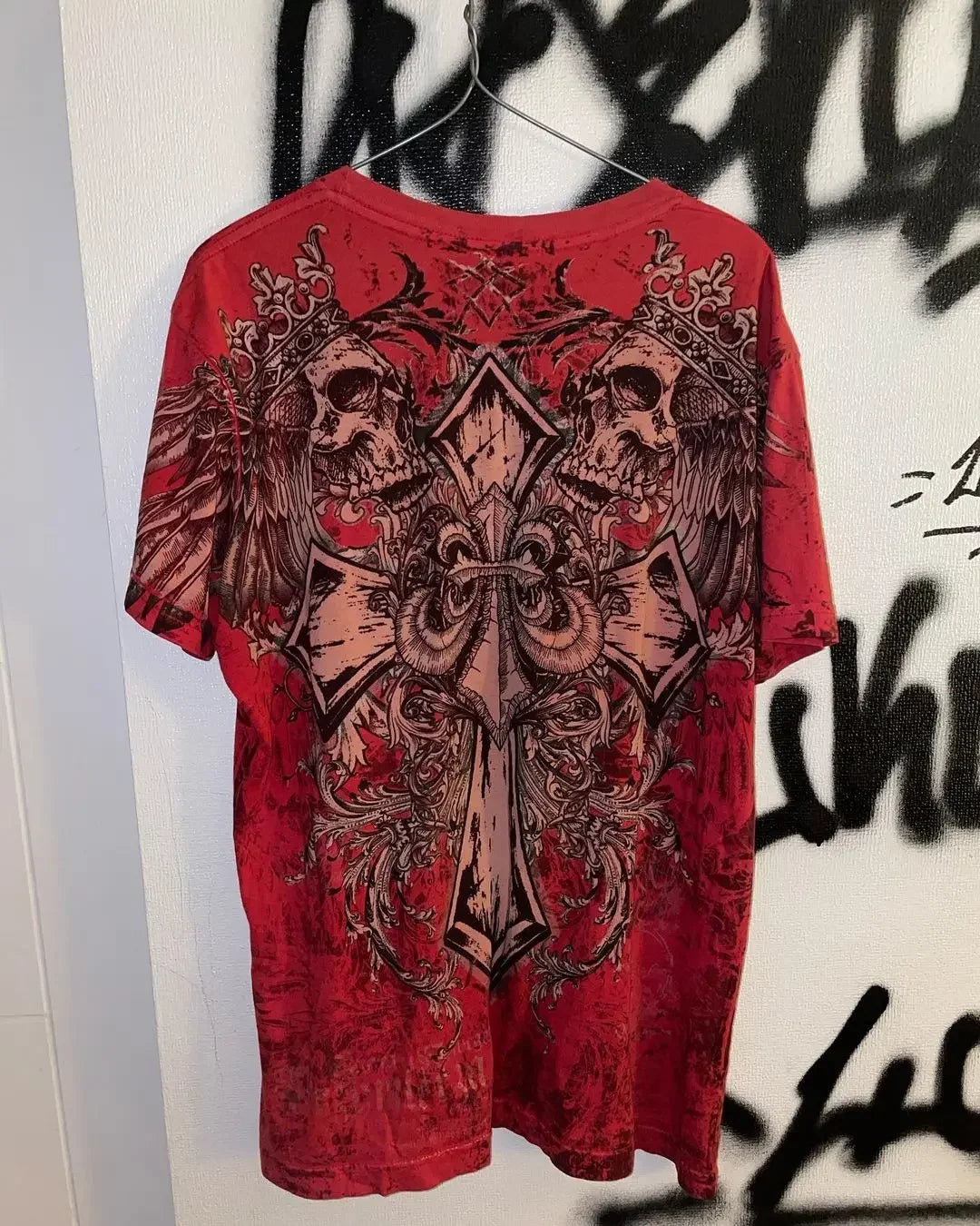 Hearujoy Y2K New Affect Long Sleeve T-shirt with Retro Cross Pattern Printed Red T-shirt for Men Women Hip Hop Gothic Punk Loose Red Top