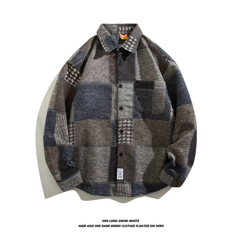 HEARUJOY  -  Japanese Retro Woolen Plaid Shirt For Men Autumn Winter Long Sleeved Top Fashion Vintage Shirts Coat Trendy Clothing Streetwear
