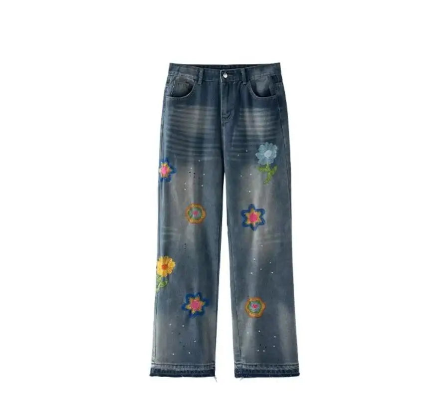 HEARUJOY  -  Street American Micro Flared Jeans Mens Petal Embroidery Washed Cowboy Pants Straight Tube Burr Edge Hip Hop Denim Trousers