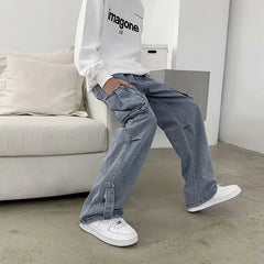 Hearujoy Hip Hop Jeans Men Baggy Cargo Pants Casual Big Pocket Denim Trousers Vintage Plus Size Bottoms Fashion Streetwear Y2K Clothing