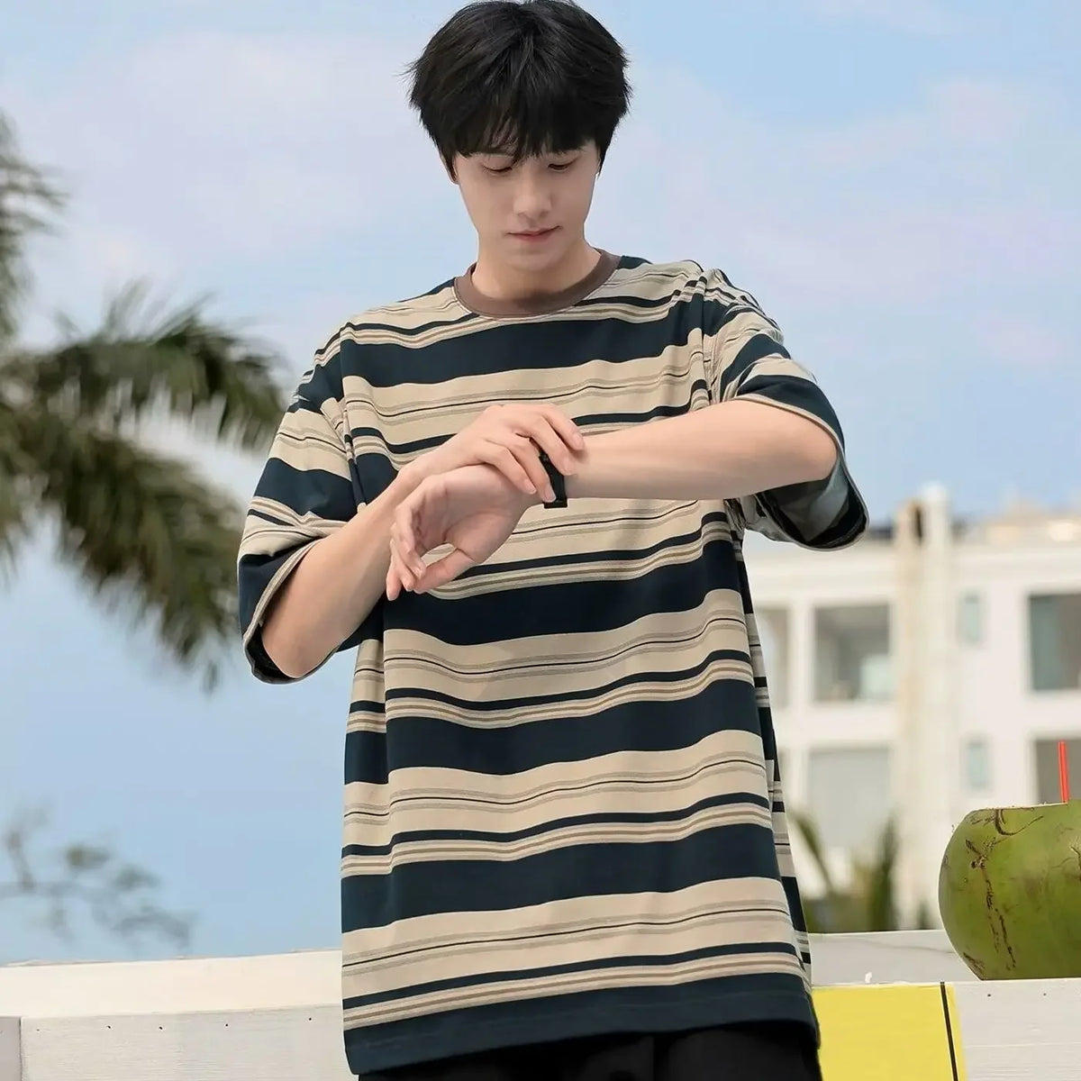 HEARUJOY  -  Striped Top Man Tee Shirts Loose T Shirt for Men Kpop Original Luxury High Quality Cheap Clothes Casual New in Harajuku Funny