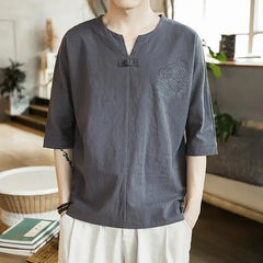 Hearujoy Versatile Men's T-shirt Embroidery V-neck Short Sleeves Cotton Linen Top Men's Clothing