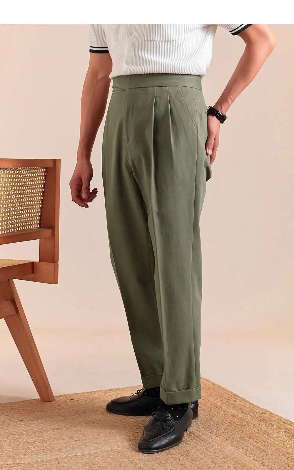 HEARUJOY  -  Pure Cotton Casual Pant Men Double Pleated High Waisted Breathable Trousers Business Casual Formal Pants Men Social Trousers