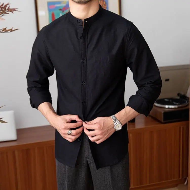 Hearujoy Men's Long Sleeved Wrinkle Resistant Shirt Spring Summer Suitable Formal Wear Stand Up Collar Casual Black White Elastic Blouse