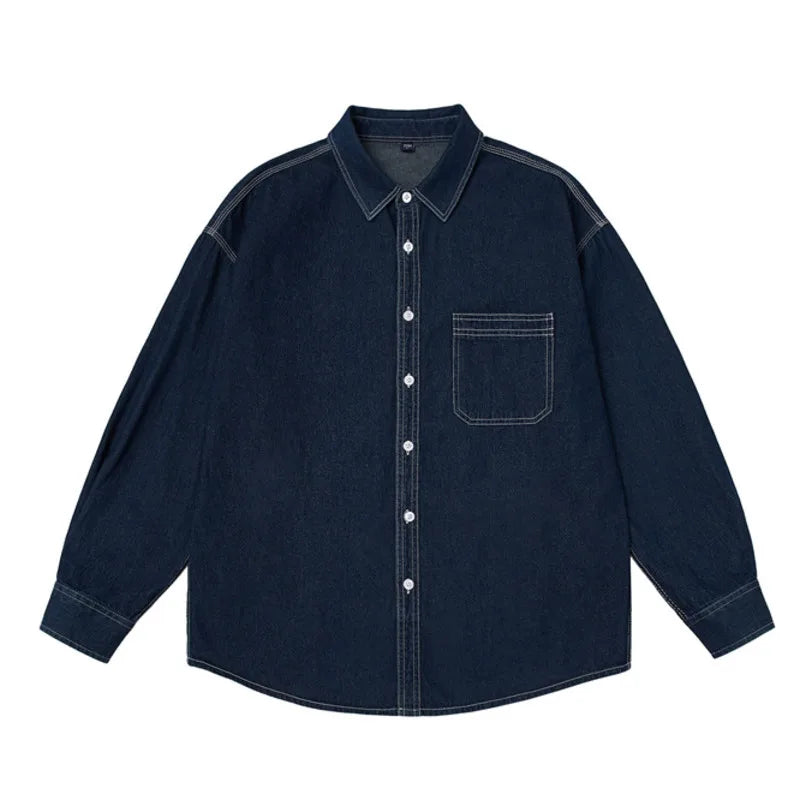 HEARUJOY  -  Mens Button Down Denim Shirt Long Sleeve Lapel Jean Shirt Casual Slim Fit Washed Denim Shirts with Chest Pockets