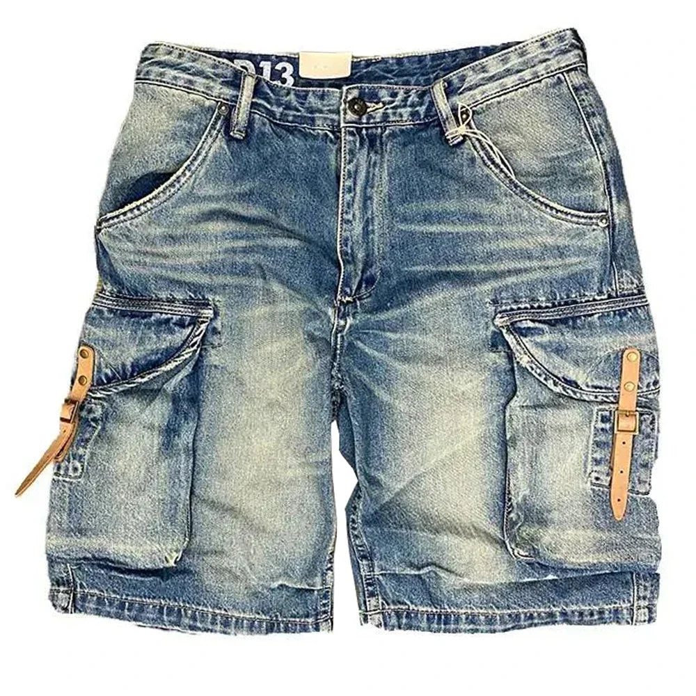 Hearujoy Men's Street Distressed Jeans Summer Fashion Workwear Retro Medium Pants Motorcycle Casual Loose Big Pocket Y2K Shorts