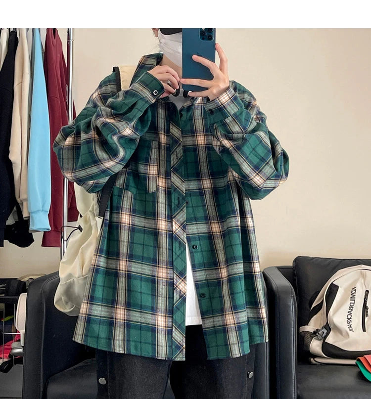 HEARUJOY  -  New in Spring Men's Shirts Classic Harajuku Long Sleeved Plaid Shirt Red Checkered Shirt Chemise Homme Cotton Male Check Shirts