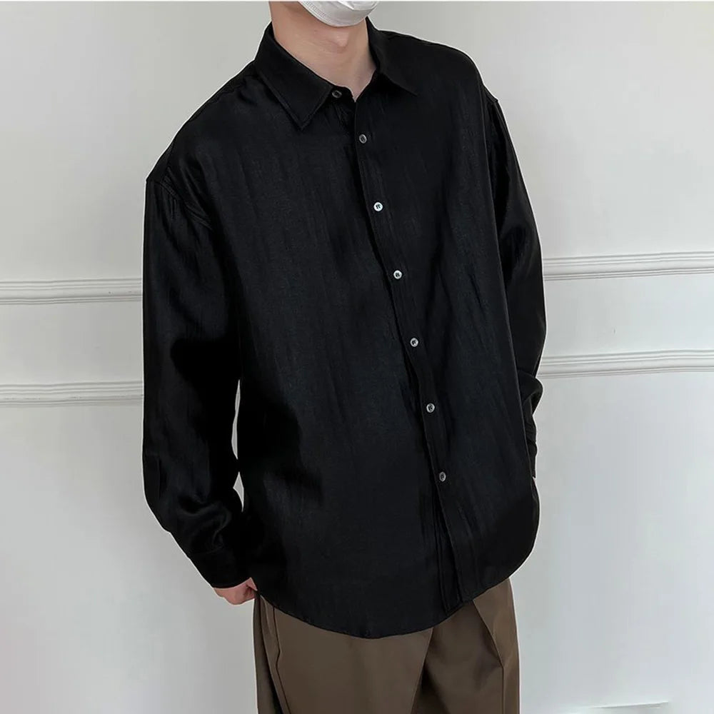HEARUJOY  -  Mens Shirt Texture Plain Casual Shirt Spring Streetwear Fashion Youth Campus All-Match Long-Sleeved Top Men'S Clothing
