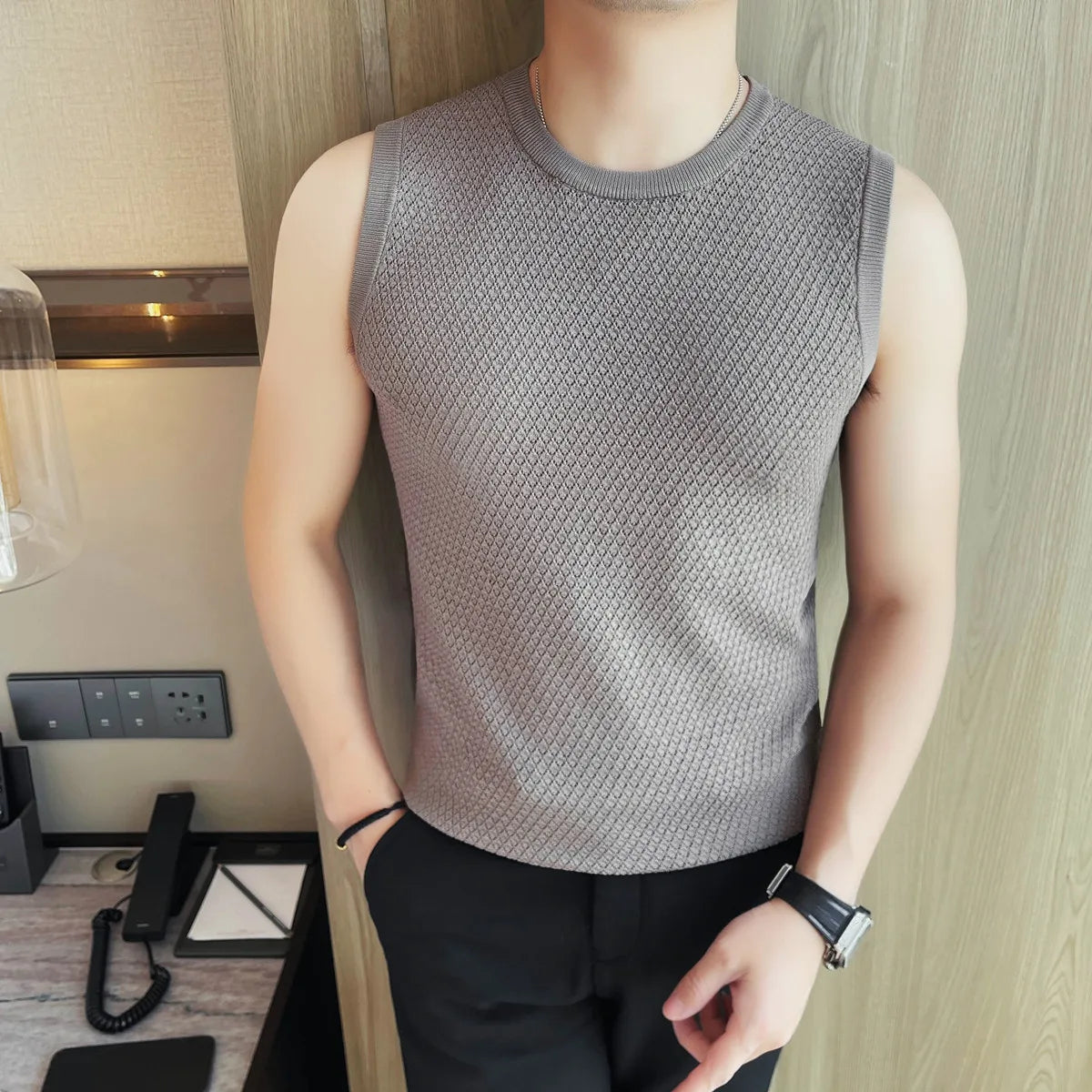 HEARUJOY  -  Men's Summer Sleeveless Vest  Breathable Mesh-Knit Fabric  Textured Crew Neck  Relaxed Fit  Casual Versatile Styling