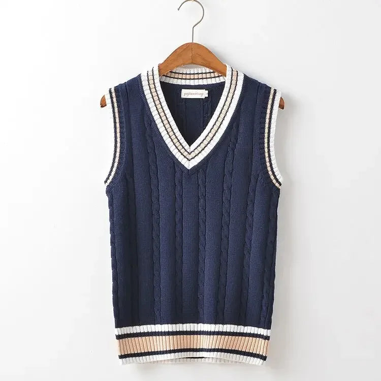 HEARUJOY  -  Striped White Knitted Sweaters for Men Blue Sleeveless Man Clothes V Neck Vest Red Waistcoat Jumpers Sweat-shirt Cigaret Cotton
