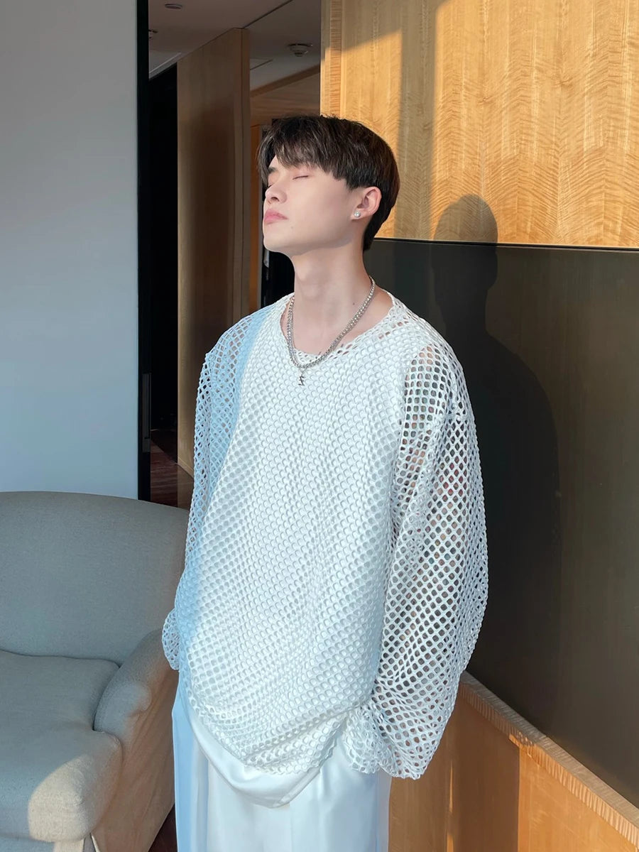 Hearujoy Korean style fashion hollow long-sleeved T-shirt men's mesh layered casual loose see-through top Stage Show Clothes