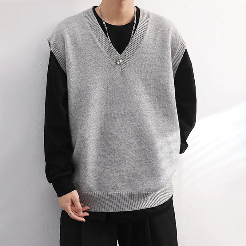 HEARUJOY  -  Men Knitted Sweater Vest Solid Color Autumn Winter Sleeveless V-neck Pullovers Male Casual Loose Waistcoat Korean Style Knitwear