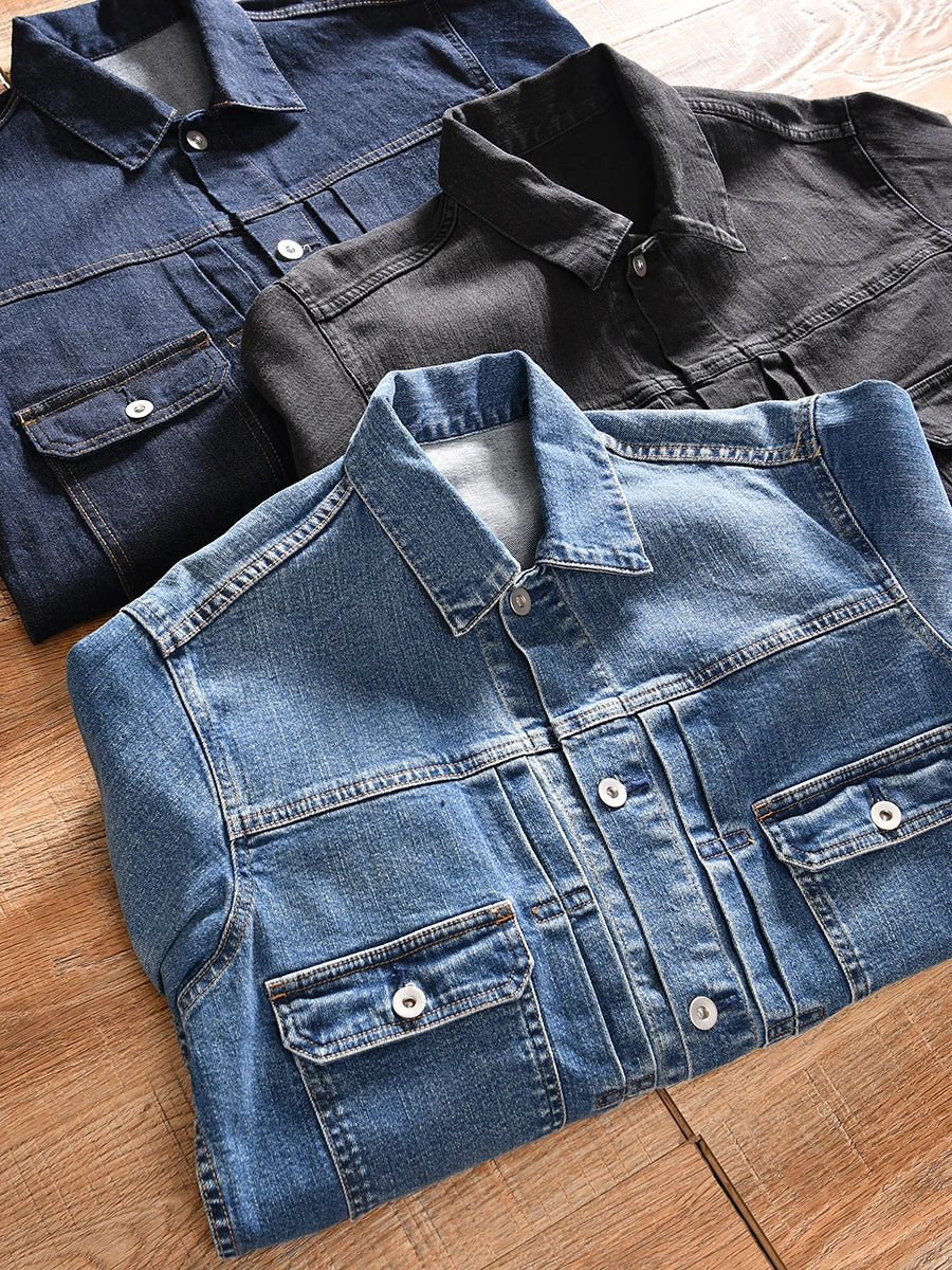 HEARUJOY  -  Amekaji High Quality Autumn and Winter Style Men's Denim Jacket Couple's Lapel Retro Washed Workwear Coat Trendy
