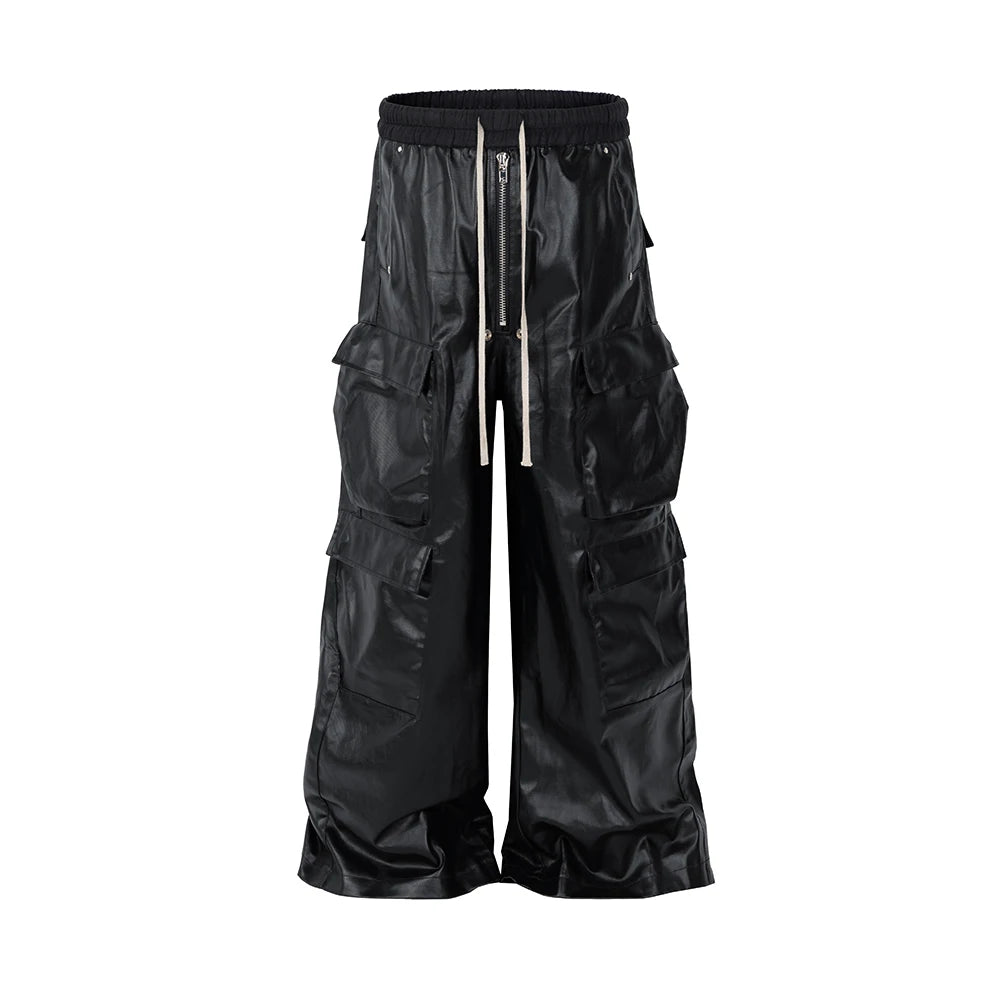 Hearujoy Matte PU Leather Pants for Men High Street Y2k Pantalones Hombre Baggy Overall Wide Leg Drawstring Cargo Pants