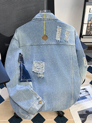 Hearujoy Niche Ripped Patch Denim Jacket Loose Design Men Women BF Lapel Washed and Worn Casual Jeans Coat Hip Hop Streetwear