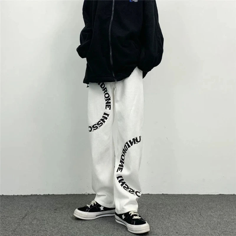HEARUJOY  -  Men's Spring Autumn New Style Trendy Splicing Printed Pocket Fashion Versatile Loose Straight Tube Minimalist Casual Jeans