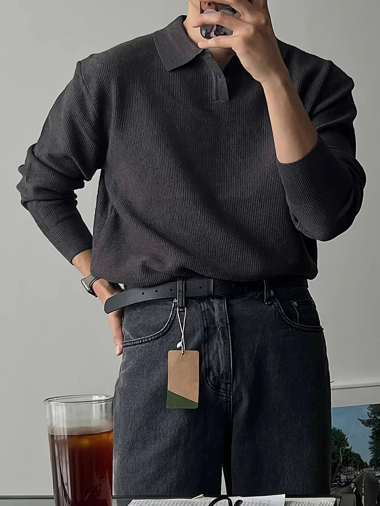 HEARUJOY  -  Spring Autumn Casual Knitting Men Polo Shirts Long Sleeve Slim Fit Elastic Knit Jumper Tops Men's Stylish Solid Color Polo Shirt