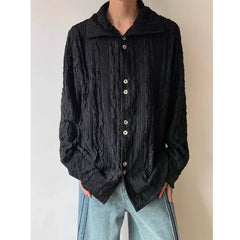 HEARUJOY  -  Men's French Style Vintage Pleated Textured High Collar Button Up Shirt Spring Autumn Y2K Harajuku Solid Long Sleeve Loose Tops