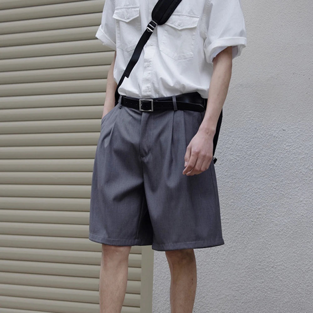 HEARUJOY  -  Vacation Shorts Casual Summer Wear Grey Pleated Loose Fit Sportswear Regular Clothing Length Solid Color Pattern