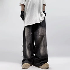 Hearujoy American Style Oversized Pocket Retro Baggy Jeans Men Y2k Hip Hop Punk Wide Leg Straight Overalls Black Denim Pants Streetwear