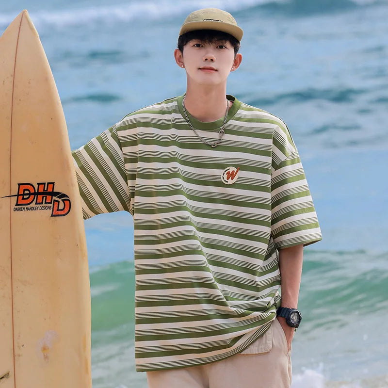 HEARUJOY  -  Hip Hop Striped T Shirt Men Streetwear Mens Stripes T-shirts Casual Summer Short Sleeves Oversized Contrast Tshirt Tops Tee