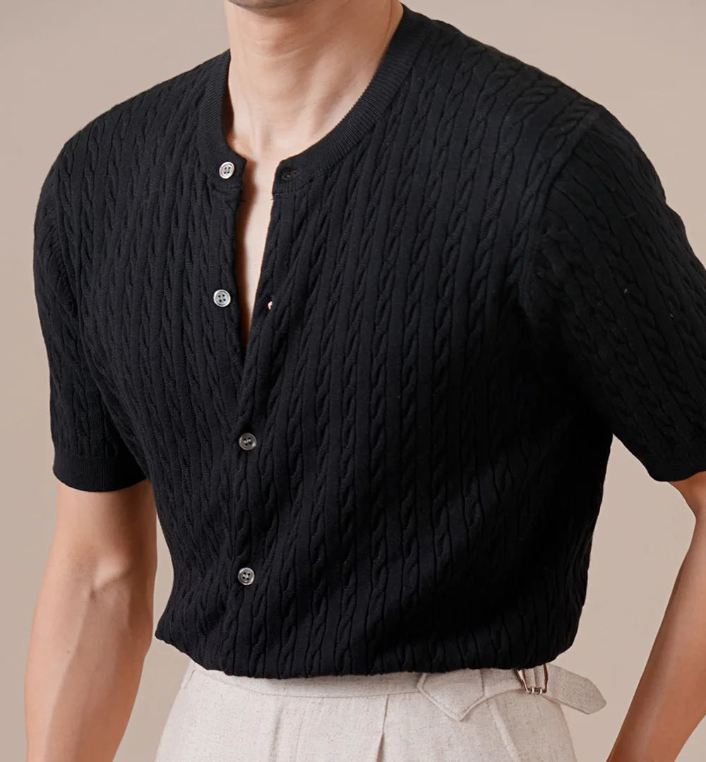 HEARUJOY  -  Summer Tencel Cotton Jacquard Knit Cardigan Men's Short Sleeve Thin Round Neck Draped Casual Business T-Shirt Breathable Polo
