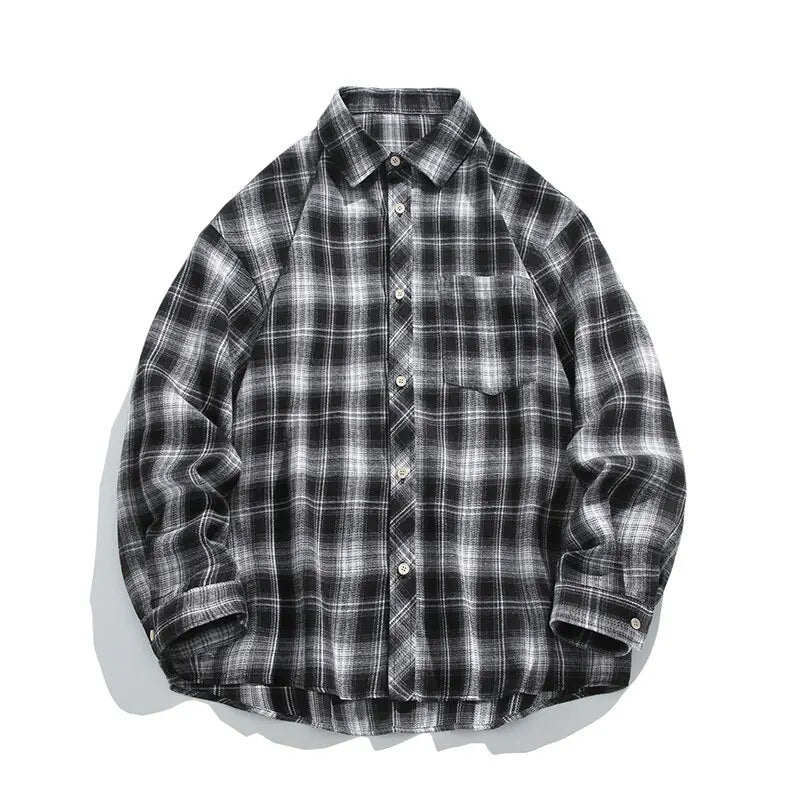HEARUJOY  -  5XL Long Sleeved Shirt Men Oversized Retro Plaid Shirt Men Japanese Streetwear Loose Casual Shirt Mens Vintage Shirts Plus Size