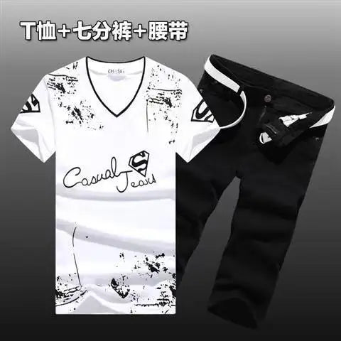 HEARUJOY  -  Summer Men Set Cotton T-Shirts Denim shorts New Tide Cowboy Shorts two Piece suits  Handsome Men's Sets