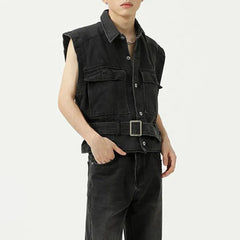 Hearujoy High Street Street Korean Style Simple Denim Vest Jacket Men's Tide Brand Lapel Collar Distressed Denim Tooling Vest