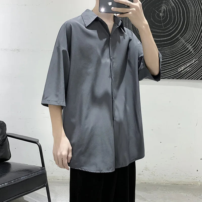 HEARUJOY  -  Summer Short Sleeved Shirt Men Oversized Society Mens Black Dress Shirt Korean Loose Ice Silk Shirt Mens Office Formal Shirts
