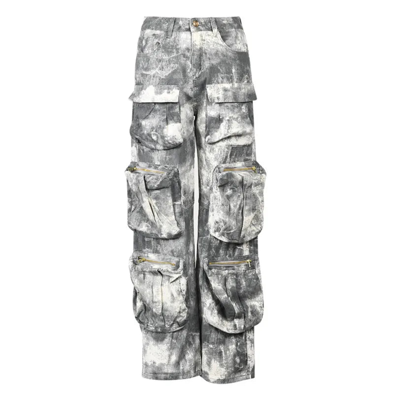 Hearujoy Fashion Baggt Jeans High Waist Multi Pocket Camouflage Denim Cargo Pants Loose Streetwear Autumn Tide Overalls