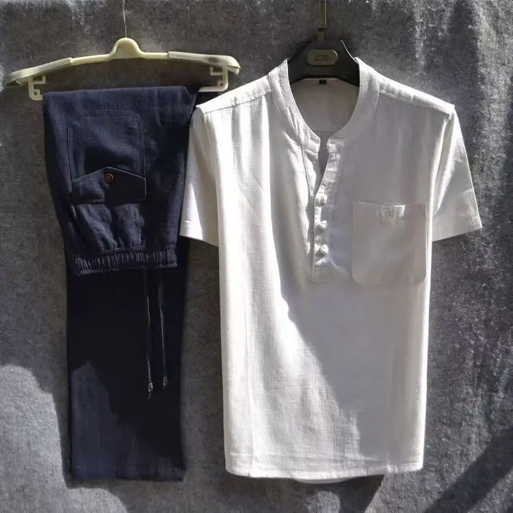HEARUJOY  -  Summer Comfortable Short-Sleeved Button Shirt Sets Men's Solid Color Shirt Shorts Suit Men's Cotton Linen Casual Suit