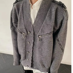 Hearujoy Harajuku Double Zipper Knitted Cardigan Men Vintage Loose Knitted Sweater Punk Hip Hop Retro Design Jumpers Jacket