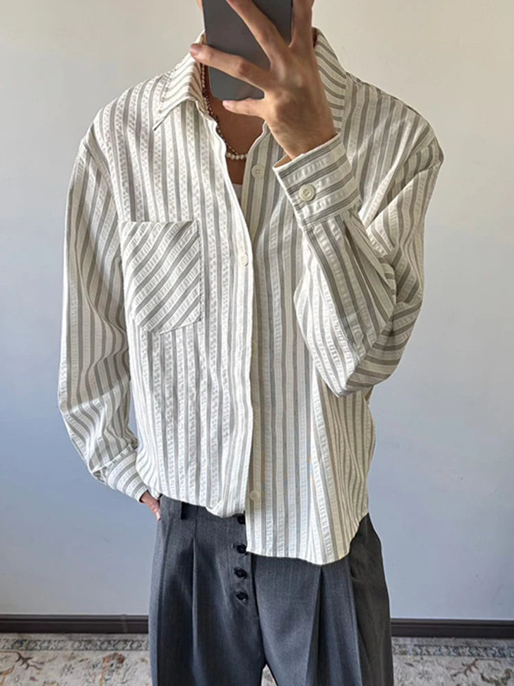 HEARUJOY  -  Spring Fall Casual Mens Striped Printed Shirt Long Sleeve Button-up Turn-down Collar Vintage Shirts Men Daily Leisure Cardigans