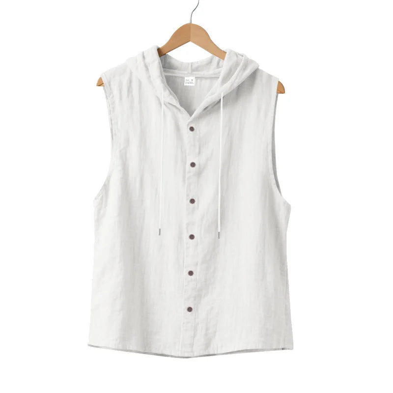 HEARUJOY  -  Summer Men's Casual Sleeveless Hooded Shirt, Linen Hooded Solid Color, Breathable and Loose Top