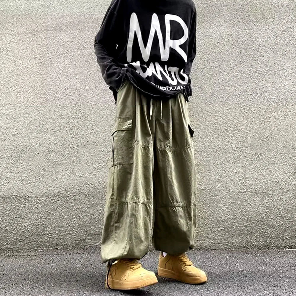 Hearujoy Japanese Men's Y2K Vintage Casual Cargo Baggy Wide Leg Pants Sweatpants Hip Hop Track Pants Men Harajuku Korean Style