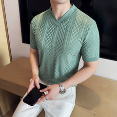HEARUJOY  -  Men's Slim V-Neck Spring Summer Stretch Knit Top  Geometric Texture, Breathable Layering Base for Casual & Smart-Casual Outfits