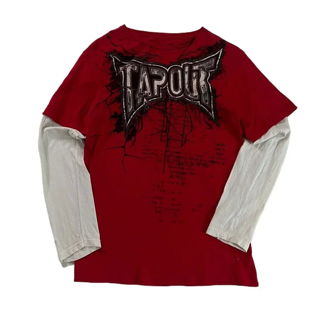 Hearujoy Y2K New Gothic Long-Sleeved American Vintage Letter Printed Fake Two Piece T-shirt Men Hip-Hop Harajuku Punk Casual Cotton Tops