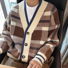 Hearujoy Autumn Men's Luxury Knitted Plaid Printed Buttons Cardigan Sweater Long Sleeve Streetwear Leisure Coat Fashion Check Knitwear