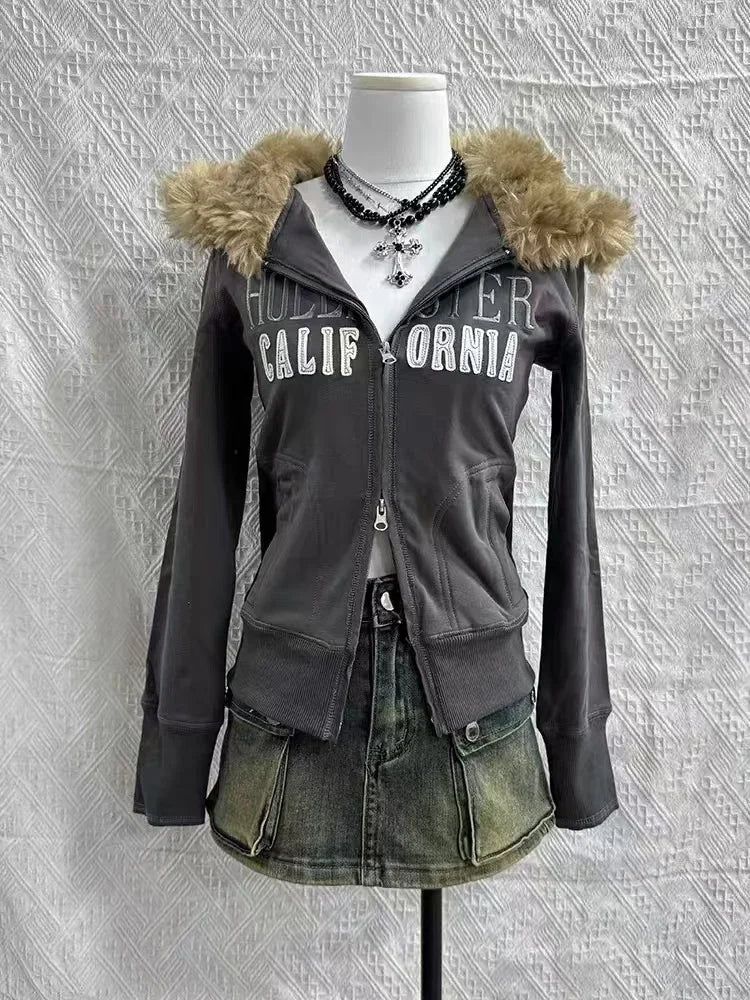 Hearujoy Y2k Harajuku Punk Streetwear Women Coat Light style Sweatshirt Retro fashion trend Winter fur collar warm slim-fit hoodie