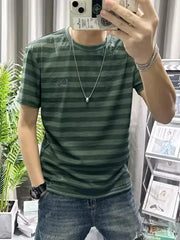HEARUJOY  -  Man Tee Shirts O Neck Striped Apricot Cotton Linen T Shirt for Men Short Quarter Sleeve Summer Basic Cheap Clothes Ordinary Top