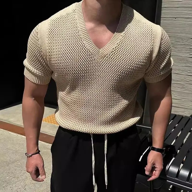 HEARUJOY  -  Summer Men Light-mature V-neck Handsome Temperament Three-dimensional Texture Hollow Knitted Short-sleeved T-shirt Korean
