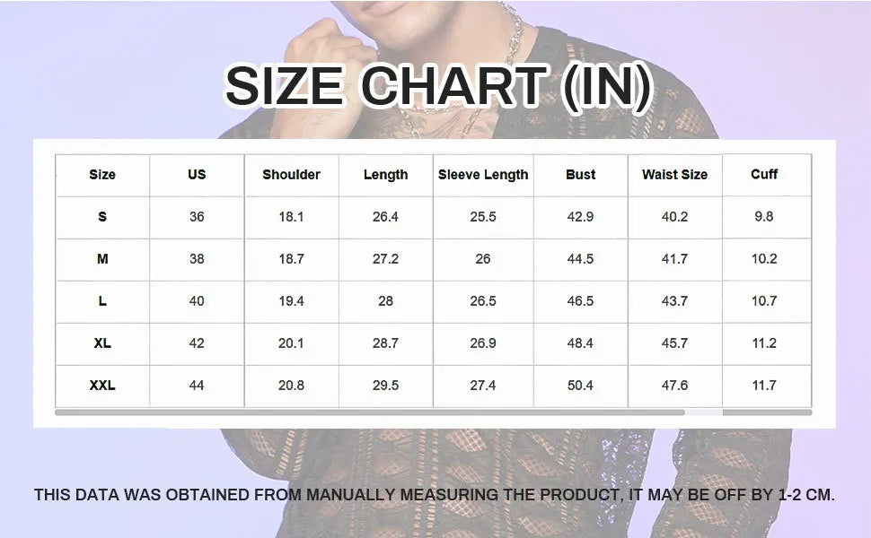 HEARUJOY  -  Fishing Net Transparent Shirt For Men V-neck Lace Long Sleeved Tshirts Tops Autumn Fashion Sexy Mesh Hollow Out Shirts Pullover