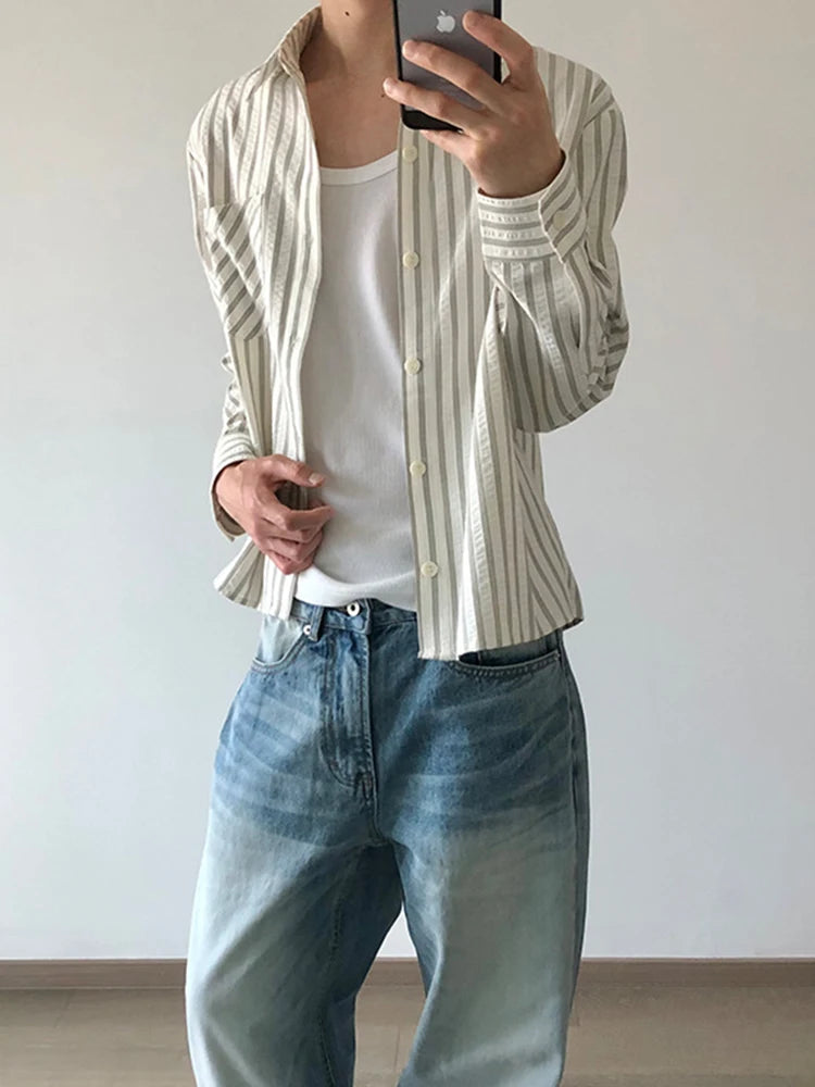 HEARUJOY  -  Spring Fall Casual Mens Striped Printed Shirt Long Sleeve Button-up Turn-down Collar Vintage Shirts Men Daily Leisure Cardigans
