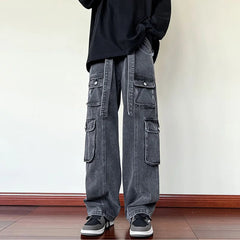 Hearujoy 2024 New Men Cargo Jeans Wide Leg Pants Multiple Pockets Baggy Denim Trousers Hip Hop Streetwear Skateboard Neutral Male Clothes