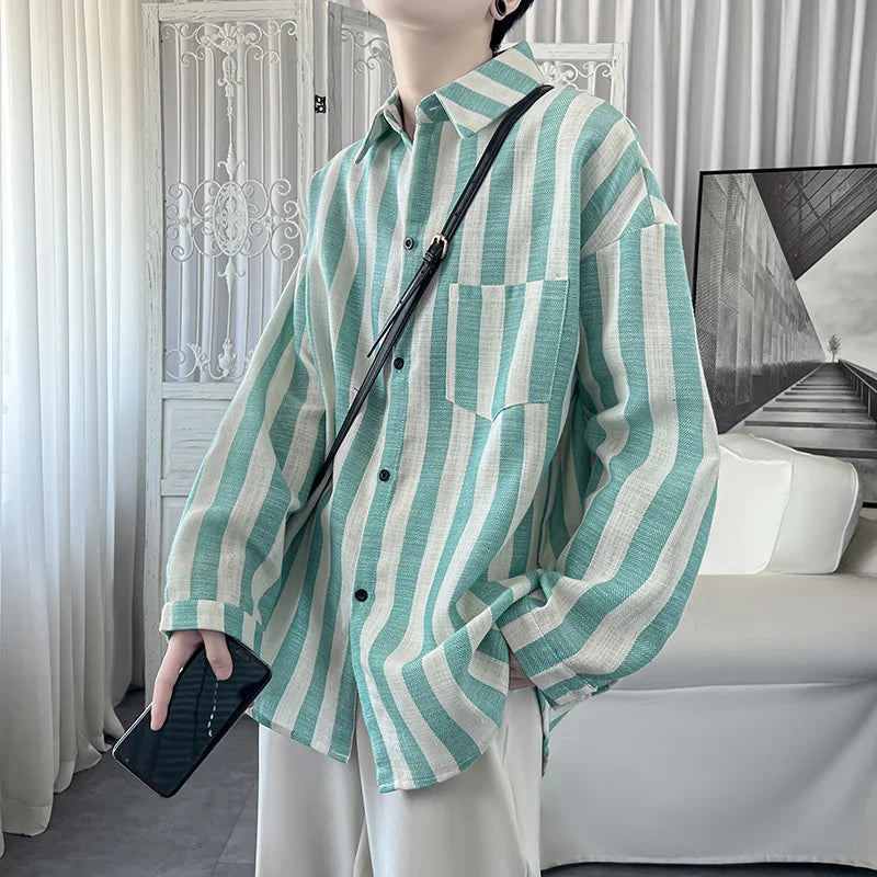 Hearujoy Cotton Linen Shirt Men Fashion Casual Striped Shirt Men Streetwear Korean Loose Long Sleeved Shirt Men Oversized Casual Shirts