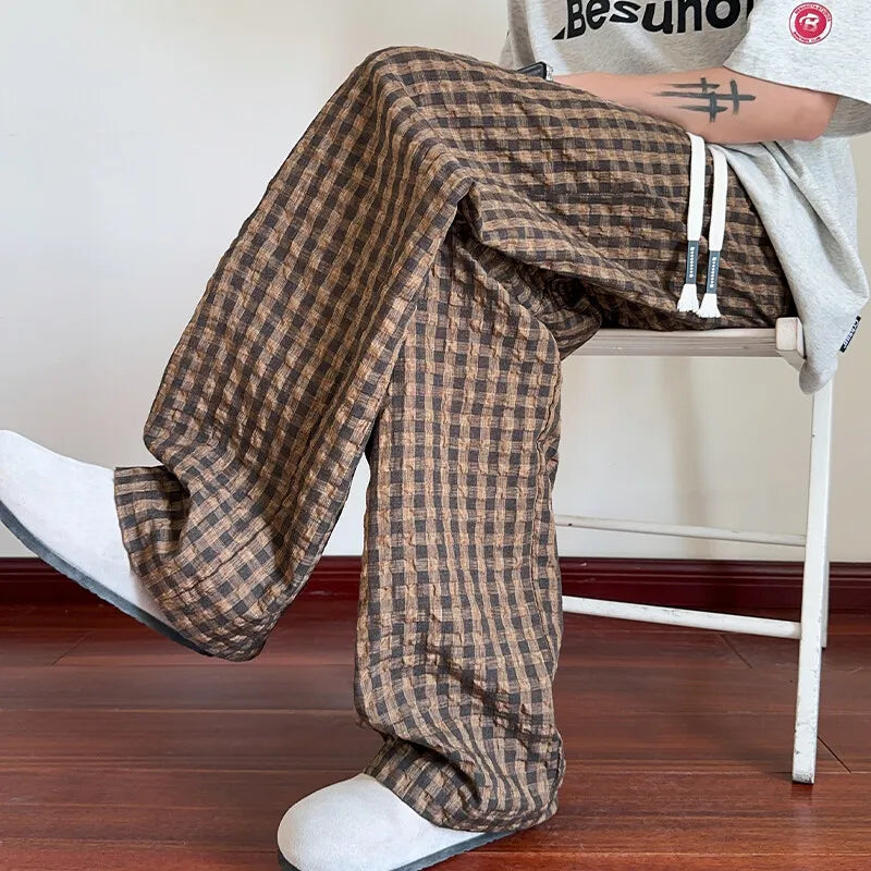 HEARUJOY  -  American Men Thin Pants for Men 2025  Summer plaid  Sweatpants Straight Loose Sports Casual Trousers