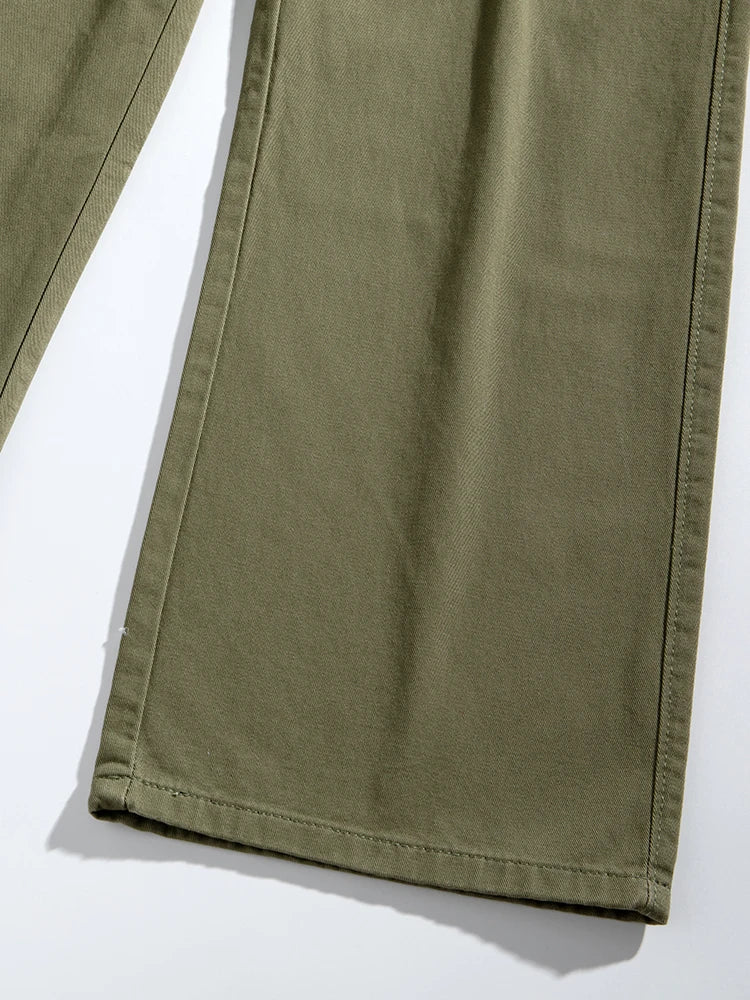 HEARUJOY  -  Korean Style Men’s Casual Pants for Spring Summer 100% Cotton Elastic Waist Solid Color Wide Leg Slacks Loose Straight Trousers