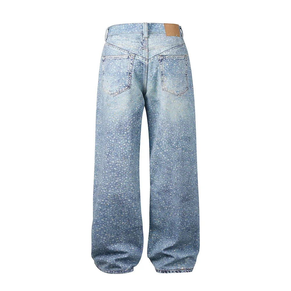 Hearujoy Full Rhinestone Print Washed Blue Baggy Jeans Mens and Women Ropa Hombre Streetwear Solid Casual Denim Trousers Loose Cargos