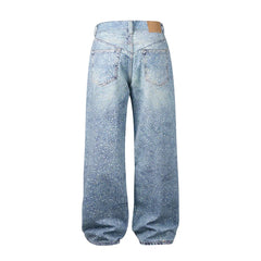 Hearujoy Full Rhinestone Print Washed Blue Baggy Jeans Mens and Women Ropa Hombre Streetwear Solid Casual Denim Trousers Loose Cargos